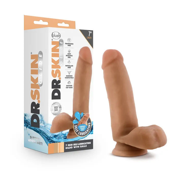 Blush Dr. Skin Glide - 7 Inch Self Lubricating Dildo  With Balls - Mocha | Dildos