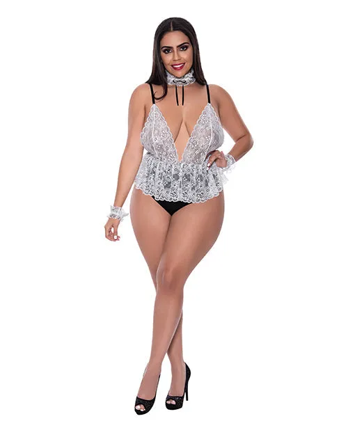 Magic Moments Int'l Couples | Dress Up Full Service Lace Deep V Teddy W/collar & Wrist Cuffs Black/white