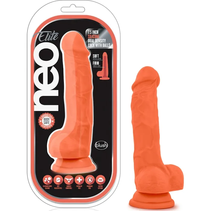 Neo Elite Female Sex Toys Neo Elite 75in Silicone Dual Density Cock with Balls Neon Orange