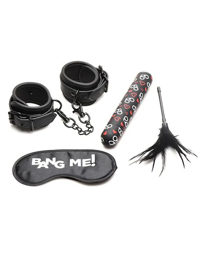 XR Brands Bang Couples Bang Bondage Kit XL Bullet Cuffs Tickler and Blindfold Black XR Brands Bang Couples Bang Bondage Kit XL Bullet Cuffs Tickler and Blindfold Black