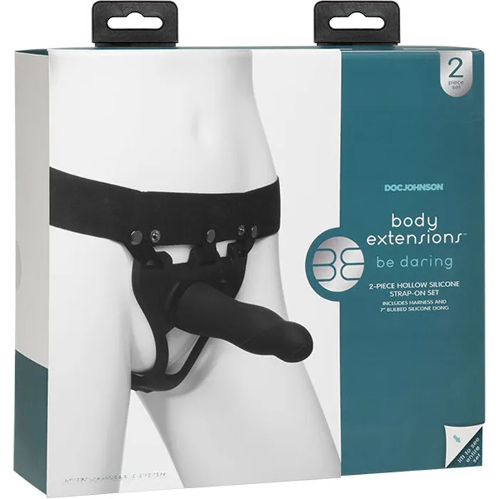 Female Sex Toys Body Extensions Hollow Slim Dong Strapon 2Piece Set Black Doc Johnson