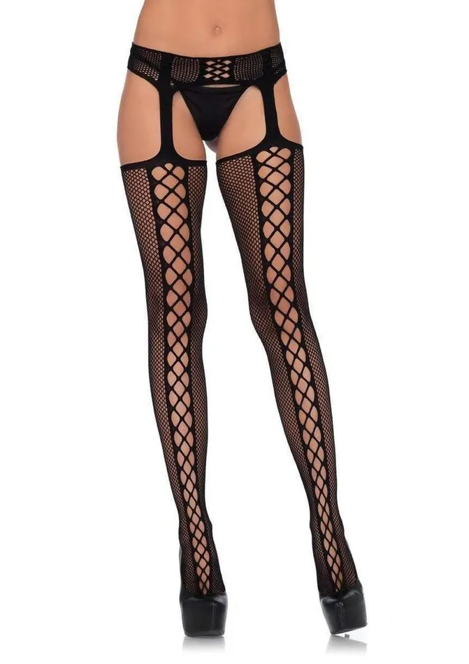 Leg Avenue Faux Lace Up Dual Net Backseam Stockings with Attached Garterbelt Leg Avenue Couples Leg Avenue Faux Lace Up Dual Net Backseam Stockings with Attached Garterbelt Leg Avenue Couples