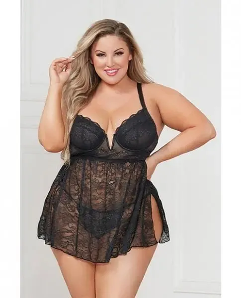 7 Til Midnight Couples Stretch Lace Babydoll Wunderwire Cups Gstring