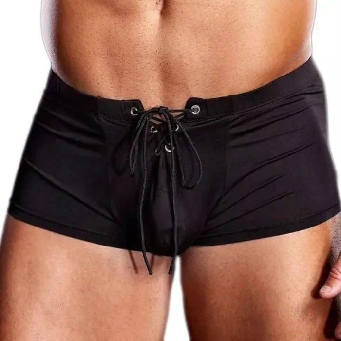 Mens Lace Up Trunk Briefs Black SM STR Anal